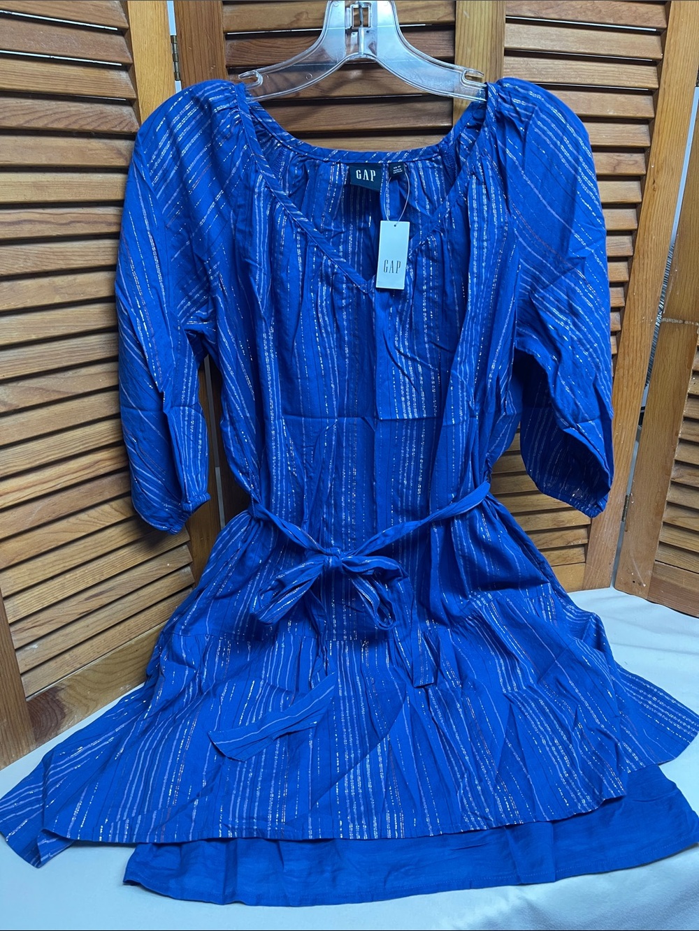 GAP Blue Dress with Metallic Stripes and Tie Waist